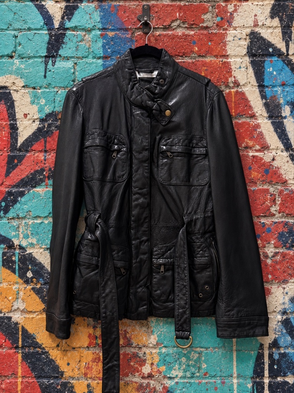 Gap Women’s Small Black 100% Leather Belted Utility Moto Jacket Y2K
